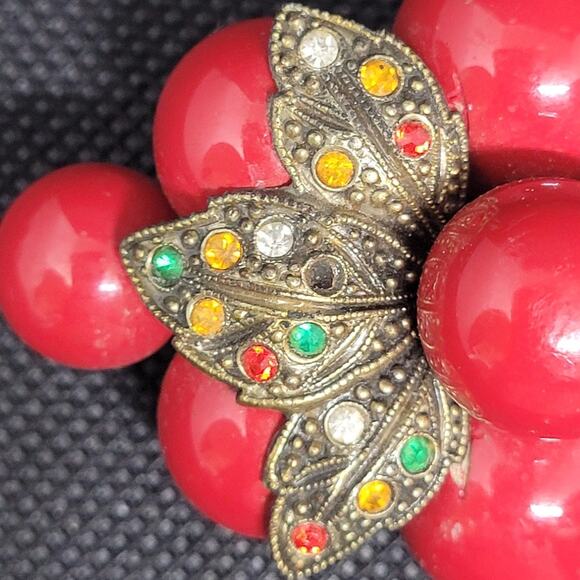 Glam Retro 1940s Cherry Rhinestone Plastic Brooch Statement Accessory - Picture 4 of 7